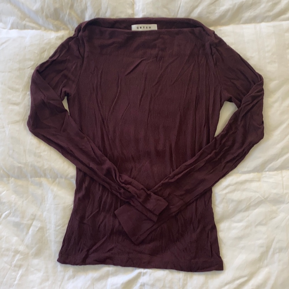 GBTSO boatneck ribbed layering top, wine/maroon